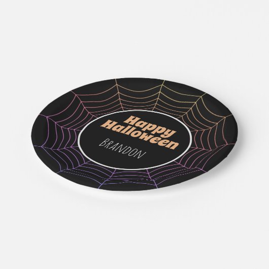 Assiettes En Carton Spider web noir violet orange motif Halloween (Angle)