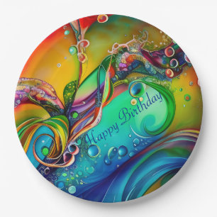 Assiettes En Carton Splash ! Bulles colorées Abstrait Anniversaire