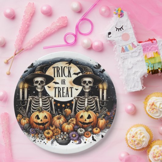 Assiettes En Carton Spooky Skeleton Duo – Trick or Treat Paper Plates (Fête)