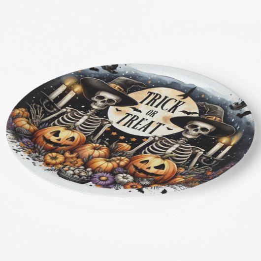 Assiettes En Carton Spooky Skeleton Duo – Trick or Treat Paper Plates (Angle)