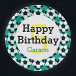 Assiettes En Carton Sport d'anniversaire personnalisé pour les enfants<br><div class="desc">Enfants Soccer Ball Personnalisé Bonheur Sports D'Anniversaire Thématique Plaques De Papier De Fête. Personnalisé avec nom en caractères verts et âge en caractères jaunes. Arrière - plan vert avec motif de football noir et blanc. Des assiettes en papier sur le thème du sport pour les amoureux du football. Le texte...</div>