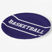 Assiettes En Carton Sporty Navy Blue White BASKETBALL Text Stripes (Angle)