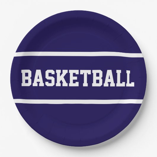 Assiettes En Carton Sporty Navy Blue White BASKETBALL Text Stripes (Devant)