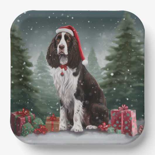 Assiettes En Carton Springer Spaniel Chien dans la neige Noël (Recto)