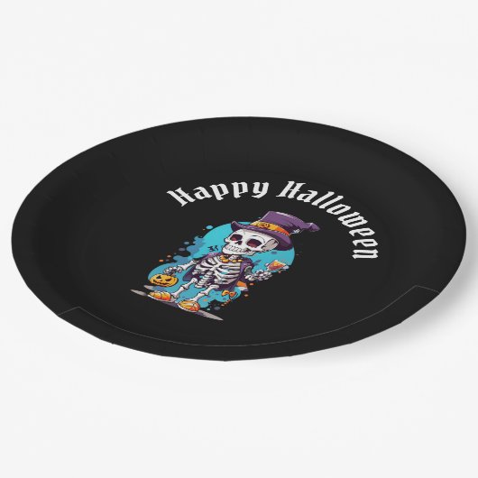 Assiettes En Carton Squelette cool dans un Halloween de chapeau haut d (Angle)