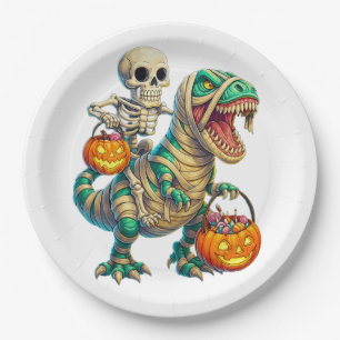 Assiettes En Carton Squelette Fantaisiste à Cheval sur un T-Rex Momie