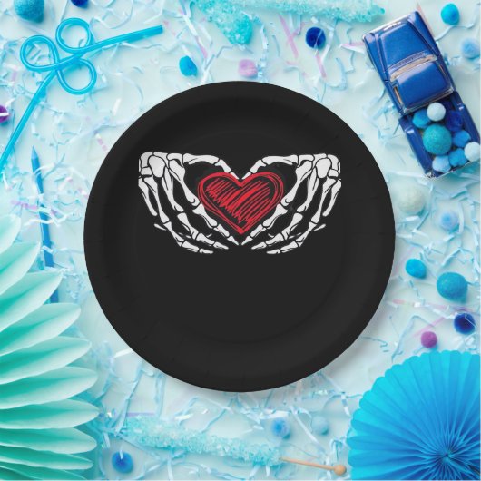 Assiettes En Carton Squelette Mains Avec Coeur Classique (Fête)