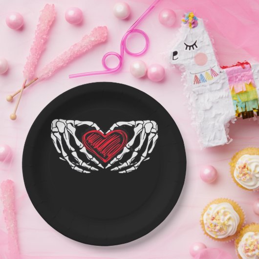 Assiettes En Carton Squelette Mains Avec Coeur Classique (Fête)