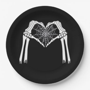Assiettes En Carton Squelette Mains Cobweb Coeur (Blanc) Classique