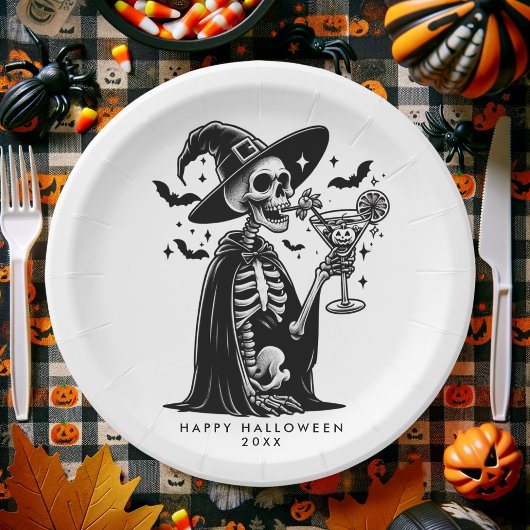 Assiettes En Carton Squelette noir et blanc Halloween Party
