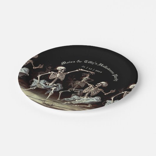 Assiettes En Carton Squelettes dansants de la Mort noire Halloween (Angle)
