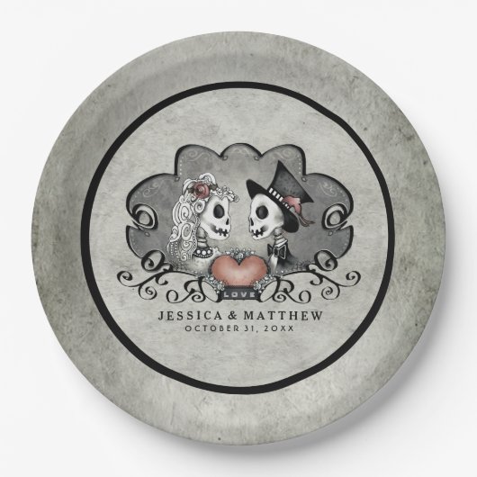 Assiettes En Carton Squelettes de Halloween noirs et mariage assorti (Devant)