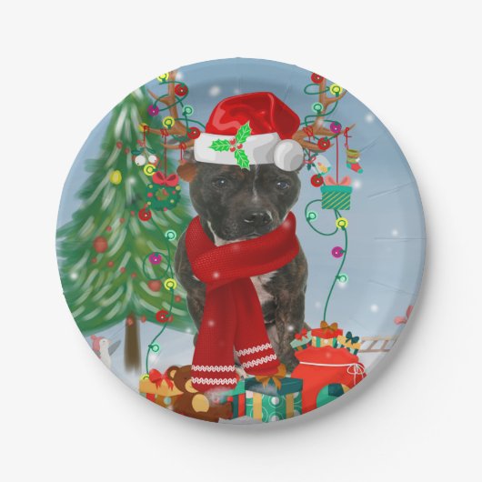 Assiettes En Carton Staffordshire Bull Terrier Dog dans la neige Noël (Devant)