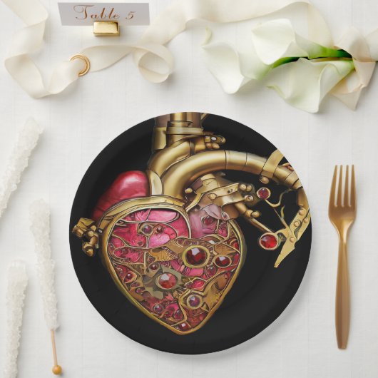 Assiettes En Carton Steampunk Coeur Anatomique rubis et engrenages (Mariage)