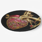 Assiettes En Carton Steampunk Coeur Anatomique rubis et engrenages (Angle)
