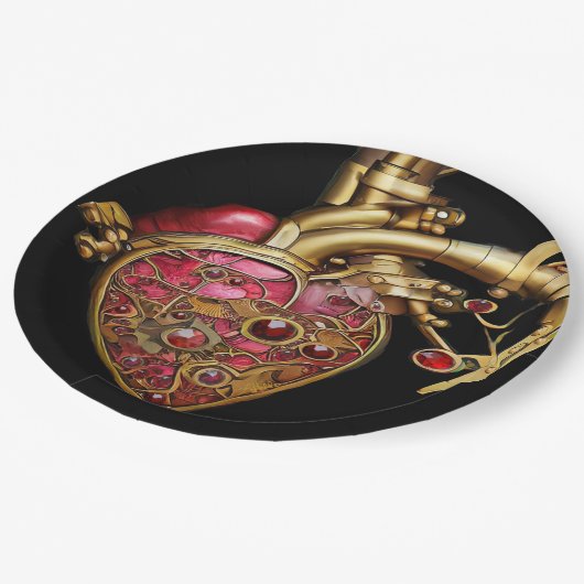 Assiettes En Carton Steampunk Coeur Anatomique rubis et engrenages (Angle)