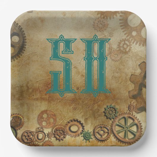 Assiettes En Carton Steampunk Rousty Gears Anniversaire Plaques de pap (Recto)
