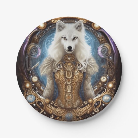 Assiettes En Carton Steampunk Whimsical charmant loup blanc (Devant)