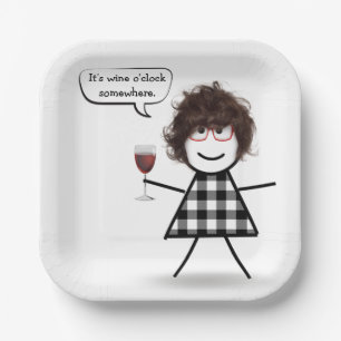 Assiettes En Carton Stick Girl with Red Wine Party Humour