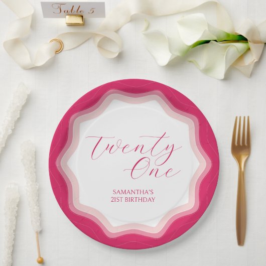 Assiettes En Carton Sticker Curly Wavy Pink 21e Anniversaire (Mariage)