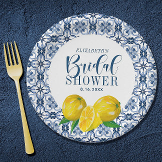 Assiettes En Carton Sticker en Mariage citron bleu italien carrelage