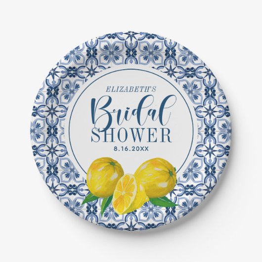 Assiettes En Carton Sticker en Mariage citron bleu italien carrelage (Devant)