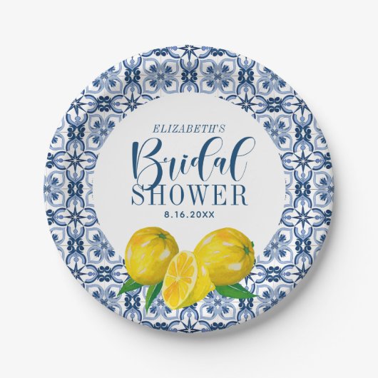 Assiettes En Carton Sticker en Mariage citron bleu italien carrelage (Devant)