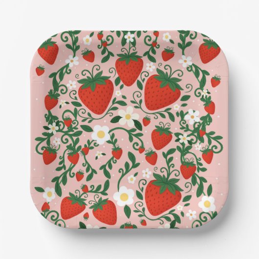 Assiettes En Carton Stickers Fraise Rose & Rouge Vins Floraux (Recto)