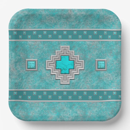 Assiettes En Carton Stone Turquoise du sud-ouest Conception géométriqu (Recto)