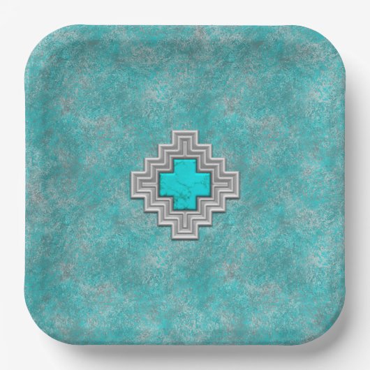 Assiettes En Carton Stone Turquoise du sud-ouest Conception géométriqu (Recto)