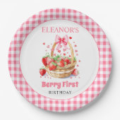 Assiettes En Carton Strawberries and pink bow Berry First Birthday (Devant)
