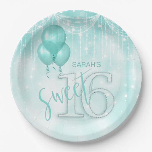 Assiettes En Carton String Lights & Balloons Sweet 16 ID Turquoise473 (Devant)
