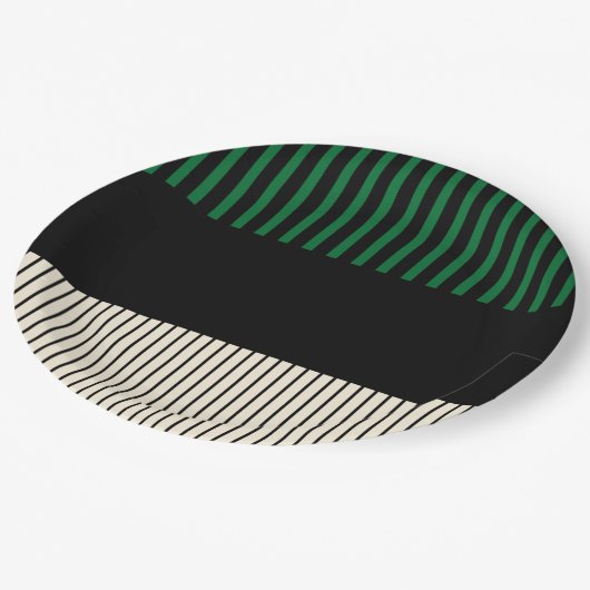 Assiettes En Carton Stripes couleur - Vert, Crème et Noir (Angle)