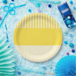Assiettes En Carton Stripes de pop couleur - Citron jaune et blanc