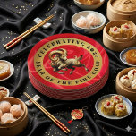 Assiettes En Carton Stunning Red Gold Chinese Year of Fire Goat 2027<br><div class="desc">Elevate your 2027 lunar new year entertainment and dining experiences with several of these paper plates, which feature the Fire Goat dancing on a luxurious faux red silk background encircled by faux gold foil, plus the Chinese letterform for the Goat/Sheep/Ram rendered in faux gold foil, standing in place of the...</div>