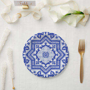 Assiettes En Carton Style azulejo en céramique craquée bleue Azulejo V