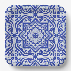 Assiettes En Carton Style azulejo en céramique craquée bleue Azulejo V