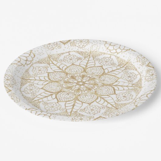 Assiettes En Carton Style Boho Blanc Or Mandala Floral (Angle)