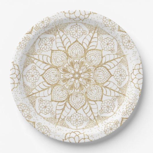 Assiettes En Carton Style Boho Blanc Or Mandala Floral (Devant)