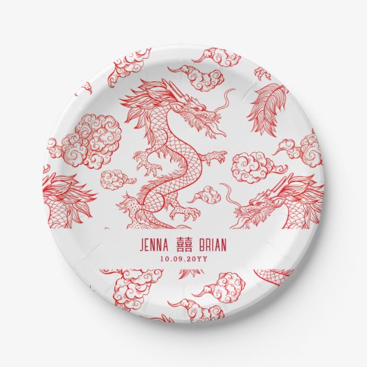 Assiettes En Carton Style Dragon Double Symbole Bonheur Style Blanc (Devant)