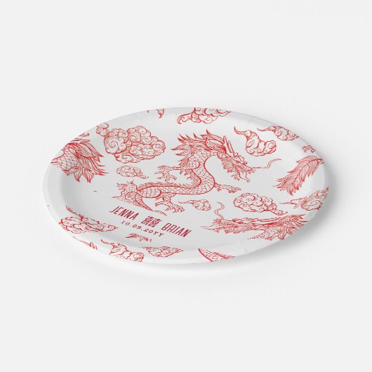 Assiettes En Carton Style Dragon Double Symbole Bonheur Style Blanc (Angle)