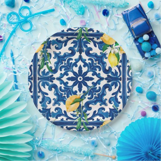 Assiettes En Carton style italien,Méditerranée,mosaïque,bleu, (Fête)