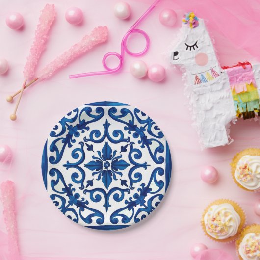 Assiettes En Carton style italien, méditerranéen, mosaïque, bleu, (Fête)