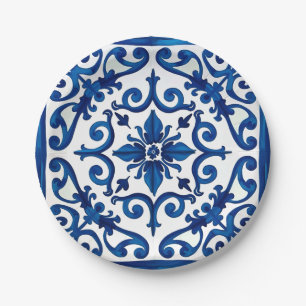 Assiettes En Carton style italien, méditerranéen, mosaïque, bleu,