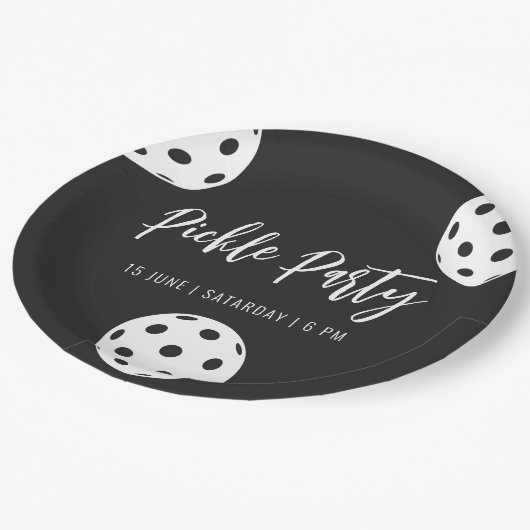 Assiettes En Carton Style Rétro Neon Noir Thème Pickleball Anniversair (Angle)