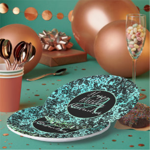 Assiettes En Carton Style Turquoise foncé Moody Floral Anniversaire