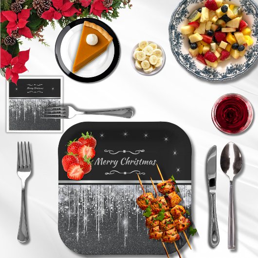 Assiettes En Carton Stylish Black and Silver Merry Christmas Party