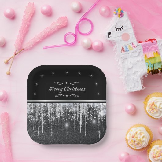 Assiettes En Carton Stylish Black and Silver Merry Christmas Party (Fête)