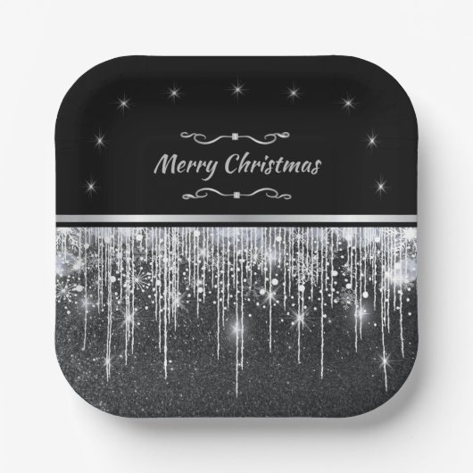 Assiettes En Carton Stylish Black and Silver Merry Christmas Party (Recto)