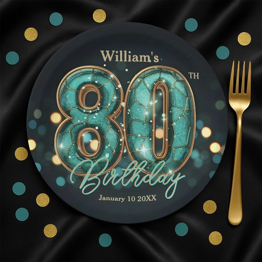 Assiettes En Carton Stylish Vibrant Teal and Gold 80th Birthday
